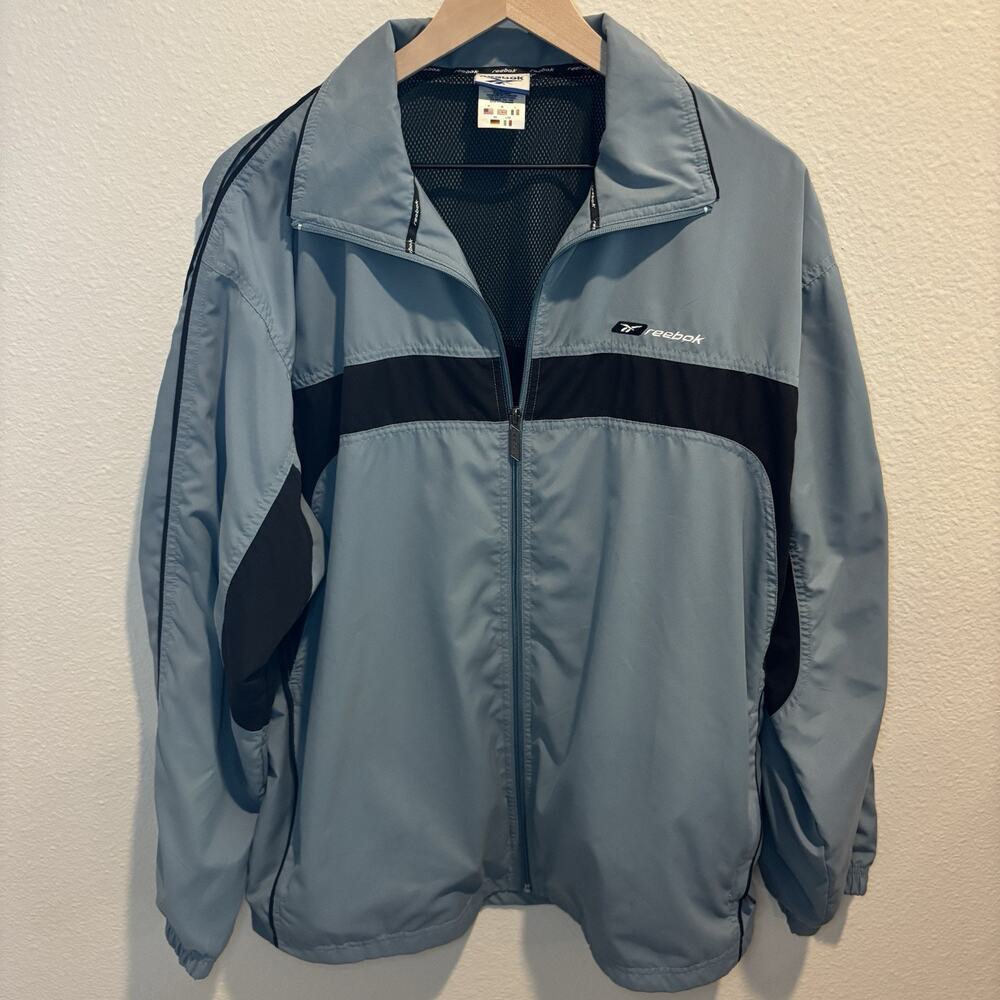 Reebok Vintage Windbreaker Jacket Hooded Full Zip Blue & Black Size M
